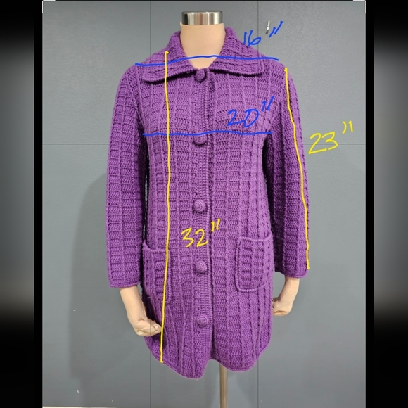 Vintage Hand Knit Purple Chunky Knit Sweater Cardigan M/L - Picture 9 of 9